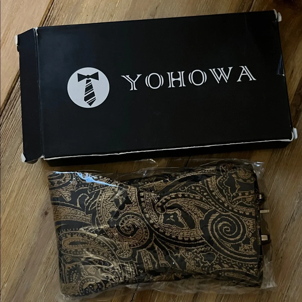 YOHOWA Mens Black Gold Paisley Bow Tie Pocket Square CufflinksSet Formal Wedding